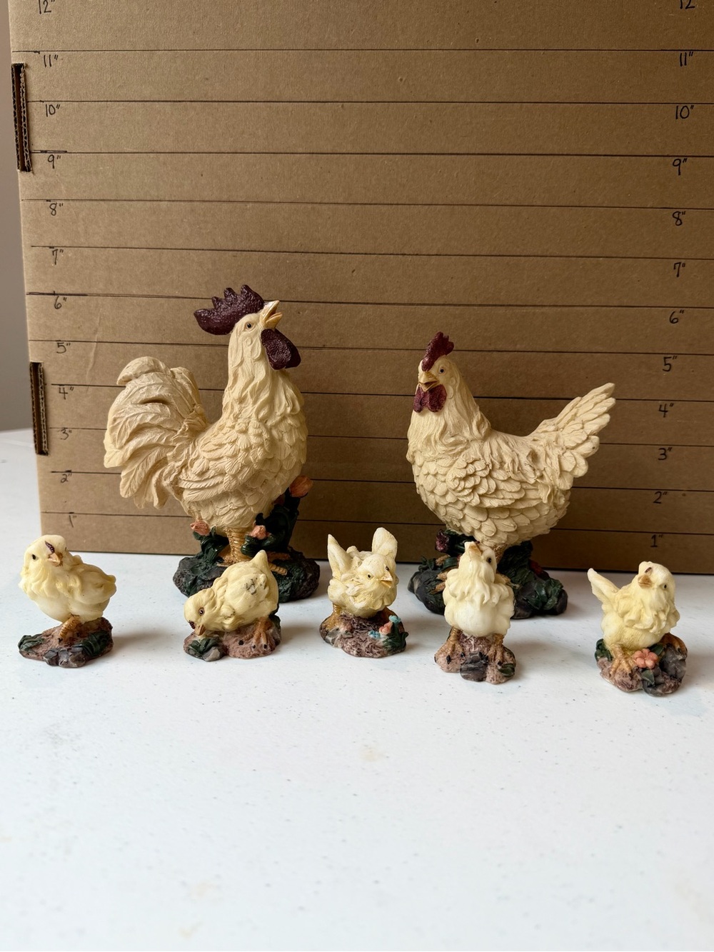 Sandicast Rooster, Hen and Baby Chickens Figurines - Cream and Brown